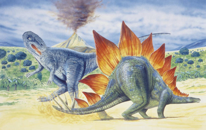 无人,横图,插画,室外,白天,数码,科技,火山,野生动物,阴影,网络,高光,几何,计算机图形,合成,图画,历史,画,自然,动物,两只,恐龙,环境,电脑合成图,数码合成图,锋利,尖锐,合成图,爆发,漫画,剑龙,写实,具体,具象,古代史,地质学,史前时代,步行,彩图,中生代,过去,古生物学