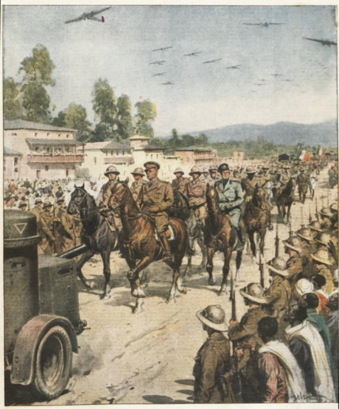 成年人,人群,站,竖图,室外,白天,飞机,马,埃塞俄比亚,亚的斯亚贝巴,士兵,骑马,朦胧,模糊,冲突,军事,标志,符号,首都,许多人,历史,标识,一群人,战争,摄影,观看,军服,20世纪,性别符号,彩图,法西斯主义,男性符号,帝国