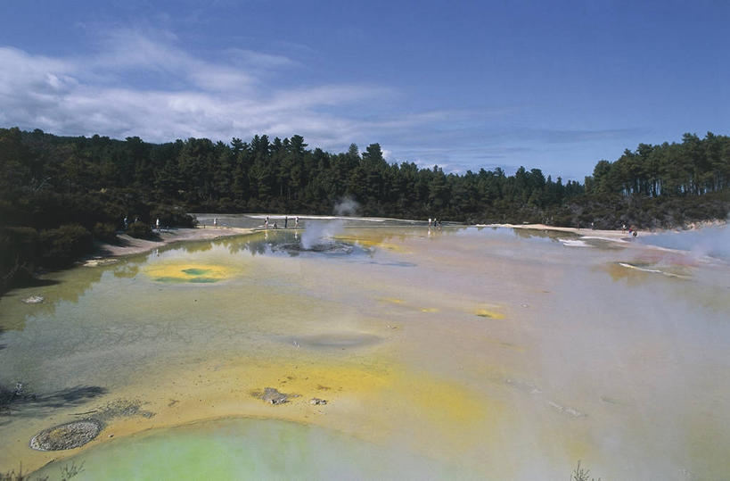 无人,横图,室外,白天,旅游,度假,火山,美景,森林,温泉,新西兰,景观,城镇,娱乐,树,风景,自然,享受,休闲,温泉池,景色,放松,摄影,环境,自然风光,大洋洲,澳大拉西亚,地质学,丰盛湾,罗托鲁阿,自然地理,彩图,火山学