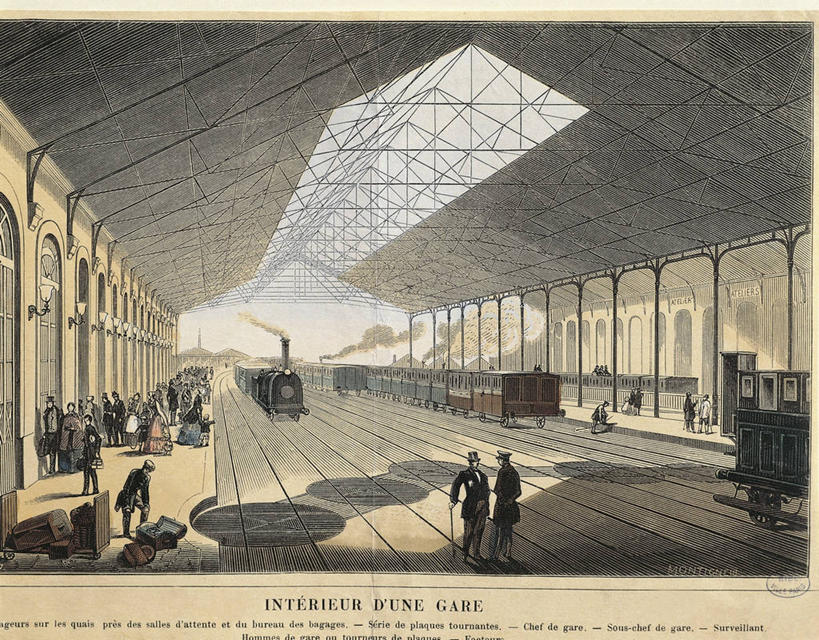 成年人,站,横图,室内,白天,建筑,路,铁路,火车,法国,巴黎,文字,轨道,交通,铁轨,首都,许多人,拿着,历史,手势,一群人,运输,英文字母,抵达,蒸汽机车,男人,女人,彩图,旅行,打手势,上流社会