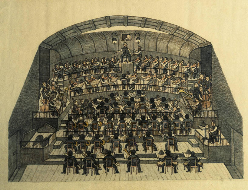 坐,横图,俯视,插画,室内,绘画,数码,科技,表演,阴影,正装,艺术,网络,乐器,许多人,高光,几何,计算机图形,古典,音乐,合成,图画,文化,画,扮演,工艺品,品味,一群人,美术,电脑合成图,数码合成图,演出,高雅,合成图,音乐人,漫画,写实,具体,具象,美学,彩图,高角度拍摄,管弦乐队