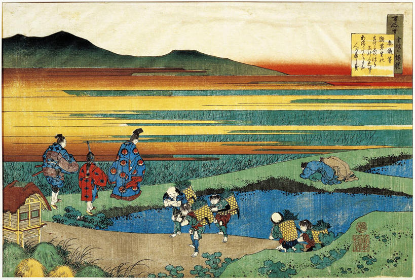 横图,室外,绘画,湖,山,和服,日本文化,艺术,日文,地平线,古典,文化,工艺品,品味,美术,高雅,美学,尊敬,木版画,步行,彩图,传统服装,传统文化