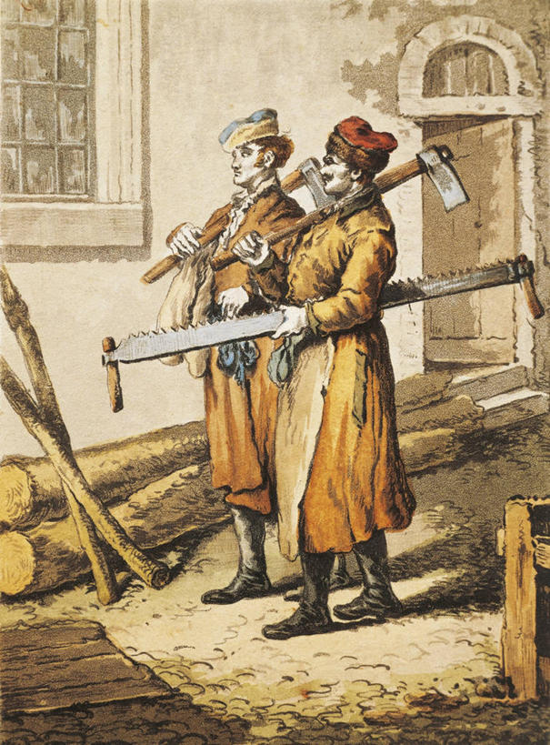 成年人,两个人,站,竖图,插画,室外,白天,绘画,数码,科技,街道,巴黎,阴影,艺术,网络,首都,高光,几何,计算机图形,合成,图画,拿着,画,职业,锯子,颜料,美术,电脑合成图,数码合成图,合成图,漫画,手工具,写实,具体,具象,伐木工人,彩图,传统服装,斧