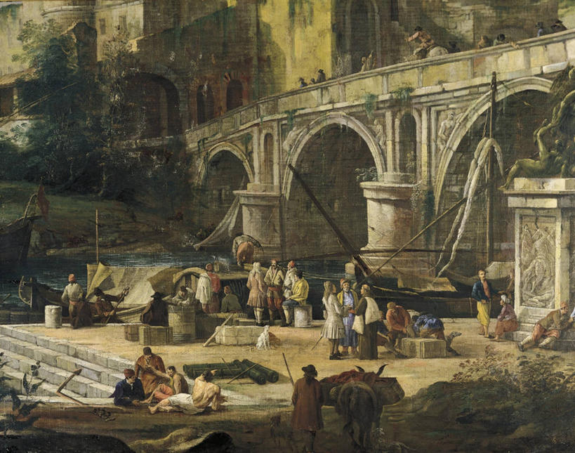 划艇,站,坐,横图,方图,插画,室外,白天,绘画,数码,科技,河流,意大利,罗马,阴影,艺术,网络,拱门,桥,首都,许多人,高光,几何,计算机图形,古典,合成,图画,历史,文化,古罗马,画,工艺品,品味,一群人,美术,电脑合成图,数码合成图,高雅,合成图,漫画,巴洛克风格,18世纪,写实,具体,具象,美学,驴子,石灰石,台伯河,说话,彩图,海港