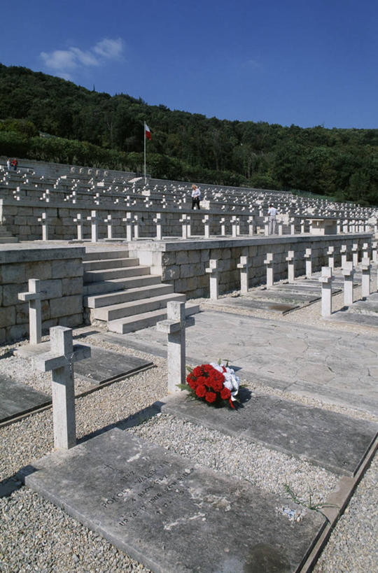 竖图,室外,白天,重复,日光,意大利,一排,整齐,花环,十字架,历史,台阶,排列,地标建筑,墓地,摄影,纪念,留念,死亡,队列,怀念,意大利文化,拉奇奥,一致,墓穴,彩图,波兰国旗