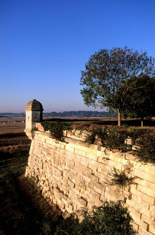 无人,竖图,室外,白天,正面,旅游,度假,建材,草地,草坪,河流,名胜古迹,水,植物,标志建筑,地标,建筑,法国,欧洲,阴影,遗迹,光线,材料,影子,砖,砖块,堡垒,城堡,墙,河水,水流,古迹,文物,娱乐,建设,古建筑,墙壁,墙面,草,树,树木,蓝色,绿色,灰色,蓝天,天空,阳光,自然,天,享受,休闲,砖头,旅游胜地,放松,建造,生长,晴朗,成长,西欧,要塞,法兰西,古文明,万里无云,法兰西共和国,法兰西第五共和国,普瓦图.夏朗德,普瓦图.夏朗德大区,设防,夏朗德省,石料,晴空,晴空万里,彩图,砌墙砖,罗什福尔区,耶尔布鲁阿格