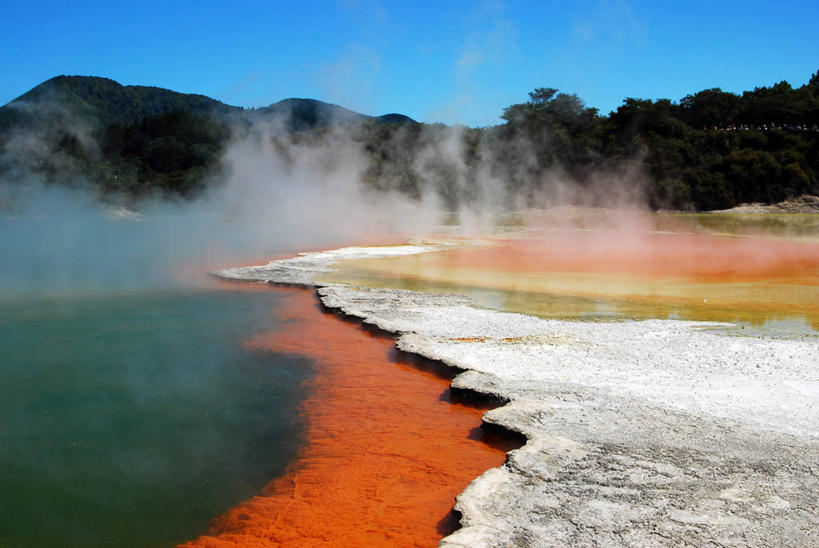 无人,横图,室外,白天,美景,温泉,新西兰,蒸汽,河岸,景观,热,风景,自然,橙色,景色,摄影,自然风光,万里无云,硫磺,罗托鲁阿,香槟池,彩图