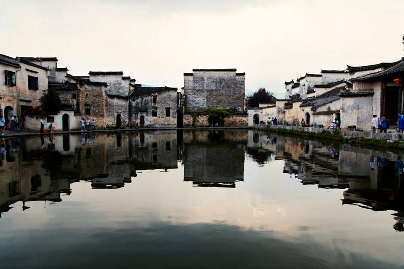 无人,横图,室外,白天,湖,建筑,反射,房屋,河岸,乡村,摄影,宁静,中国文化,彩图,黄山山脉