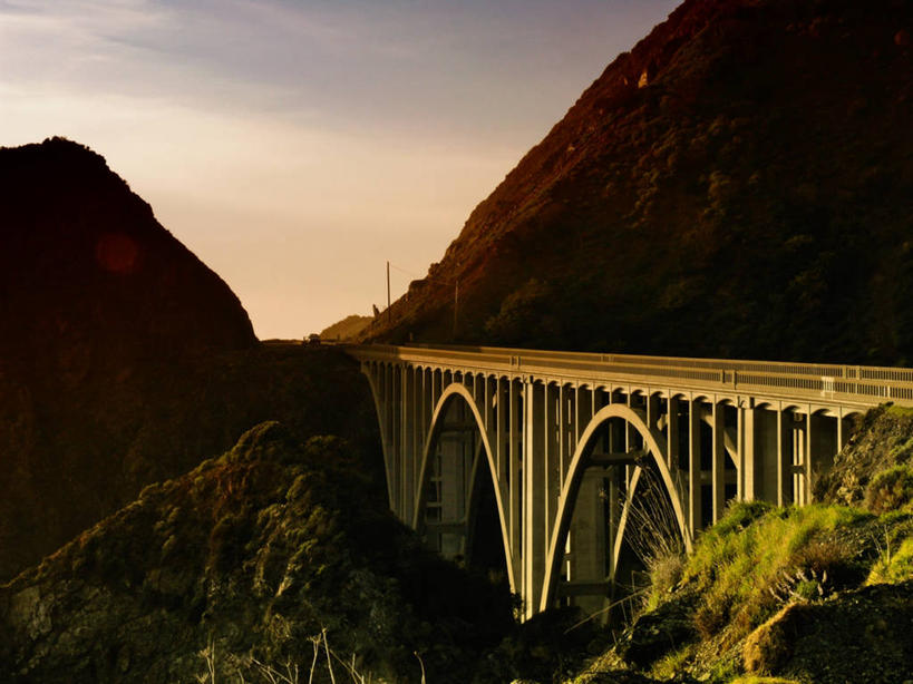 无人,横图,室外,日落,山,建筑,日光,美国,桥,联系,草,摄影,宁静,加利福尼亚,大苏尔,彩图