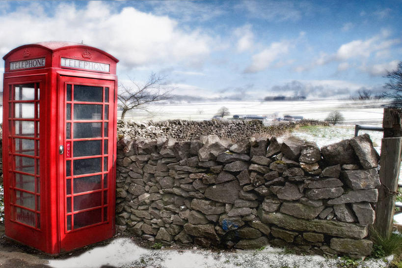 无人,农场,横图,室外,白天,通讯,雪,英国,地形,冬天,石墙,电话亭,红色,摄影,彩图