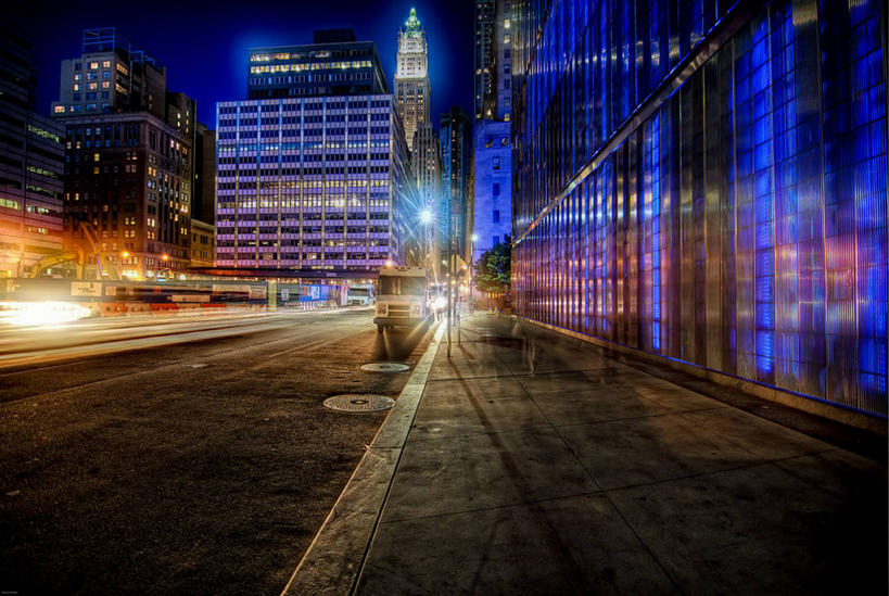 无人,横图,室外,夜晚,天际线,道路,建筑,路,摩天大楼,公路,纽约,美国,人行道,交通,摄影,照亮,市区,伍尔沃斯大厦,金融区,马路,彩图