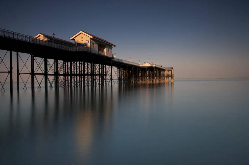 无人,码头,横图,室外,长时间曝光,海洋,英国,反射,风景,黄昏,木桩,摄影,宁静,威尔士,彩图