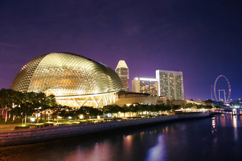 无人,横图,室外,夜晚,建筑,新加坡,反射,首都,天空,摄影,照亮,新加坡市,死水,彩图