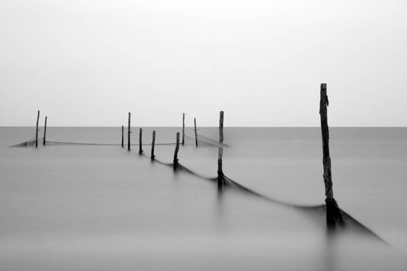 无人,横图,黑白,室外,白天,渔业,海洋,荷兰,水平线,杆,摄影,宁静,鱼网