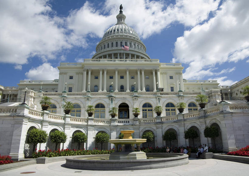 横图,室外,白天,骄傲,城市,建筑,喷泉,国旗,美国,云,首都,树,天空,摄影,圆顶建筑,政府,华盛顿特区,国会大楼,完美,彩图