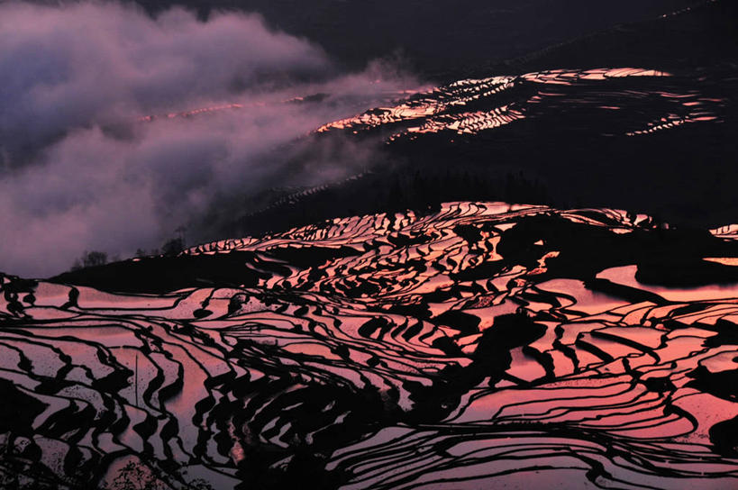 无人,横图,室外,农业,梯田,日落,地形,田地,黎明,自然,烟,摄影,生长,宁静,早晨,元阳,云南省,自然地理,彩图,联合国教科文组织