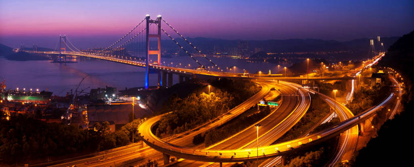 无人,横图,全景,室外,夜晚,长时间曝光,城市,建筑,香港,水平线,桥,联系,现代,天空,运输,摄影,吊桥,迅速,照亮,彩图,青马大桥