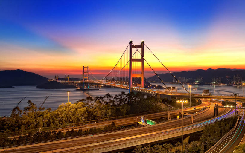 无人,横图,室外,城市,建筑,路灯,香港,云,联系,黄昏,摄影,吊桥,宁静,照亮,彩图,青马大桥