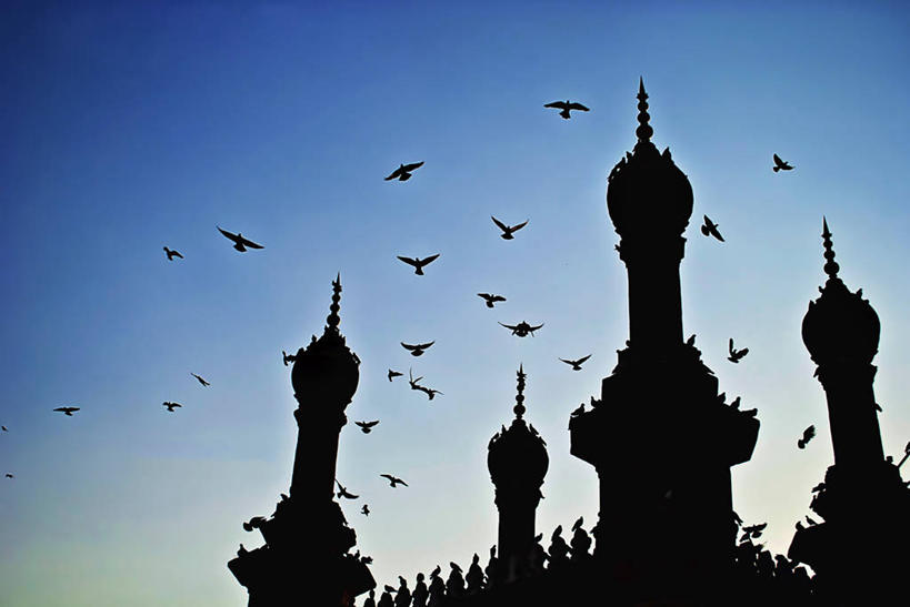 无人,横图,室外,仰视,建筑,印度,一群,许多,鸟类,很多,半空,历史,飞,天空,黄昏,摄影,尖塔,伊斯兰教,清真寺,剪影,安得拉邦,海得拉巴,彩图,低角度拍摄