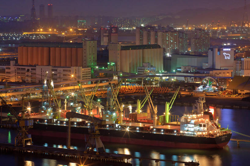 无人,横图,室外,夜晚,海洋,城市,建筑,韩国,反射,现代,天空,运输,摄影,照亮,货船,彩图,海港