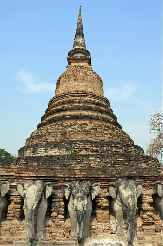 无人,竖图,室外,白天,建筑,泰国,雕像,历史,素可泰,天空,摄影,宗教,泰国文化,象,彩图,素可泰遗址公园