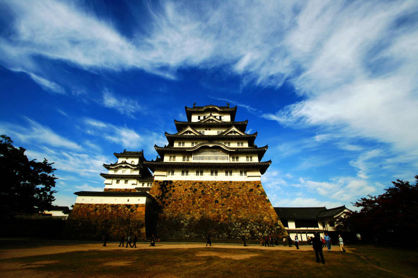 横图,室外,白天,仰视,建筑,日本,日本文化,城堡,云,宏伟,历史,树,地标建筑,摄影,姬路城,兵库县,姬路,彩图,低角度拍摄