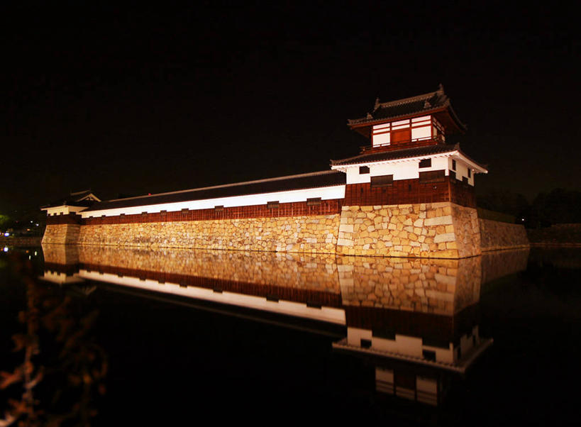 无人,横图,室外,夜晚,建筑,广岛县,日本,对称,日本文化,反射,城堡,历史,摄影,宁静,彩图