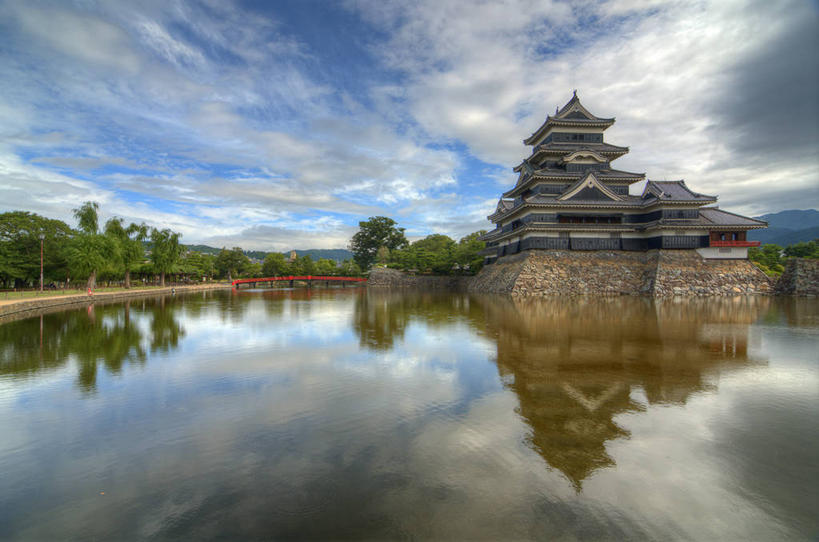 无人,横图,室外,白天,湖,山,建筑,长野县,日本,对称,日本文化,反射,城堡,云,桥,历史,树,天空,自然,摄影,宗教,宁静,松本,彩图,传统文化