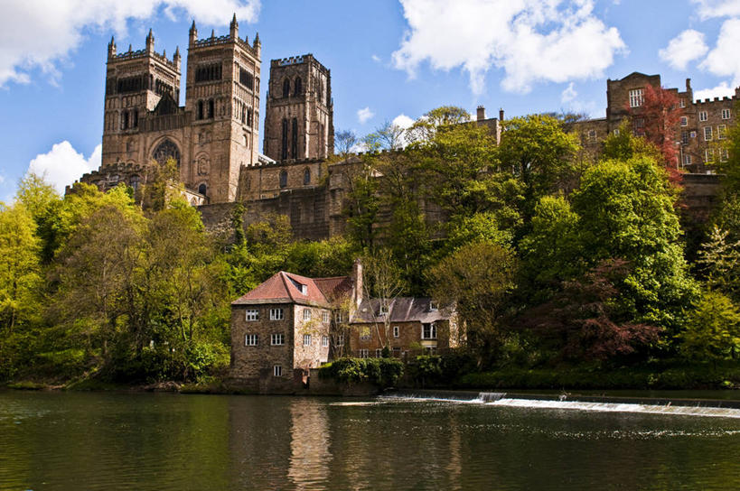 无人,横图,室外,白天,河流,水,建筑,英国,反射,河岸,云,树,天空,自然,摄影,宗教,基督教,达勒姆郡,杜伦大教堂,彩图,大教堂