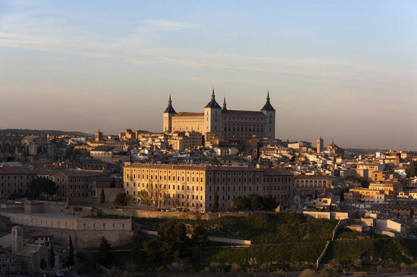 无人,横图,室外,建筑,西班牙,城堡,云,历史,树,天空,黄昏,地标建筑,摄影,宁静,要塞,托莱多,托莱多省,彩图