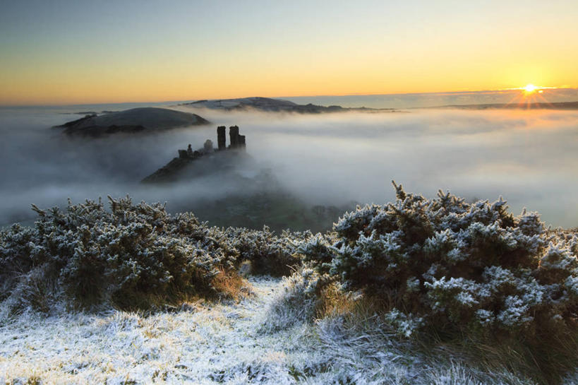 无人,横图,室外,日出,太阳,雪,植物,雾,英国,城堡,天气,草,风景,自然,摄影,宁静,多塞特郡,万里无云,彩图