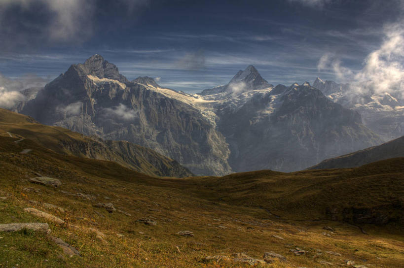 无人,横图,室外,白天,山,山脉,瑞士,地形,云,风景,天空,自然,摄影,宁静,格林德瓦,彩图