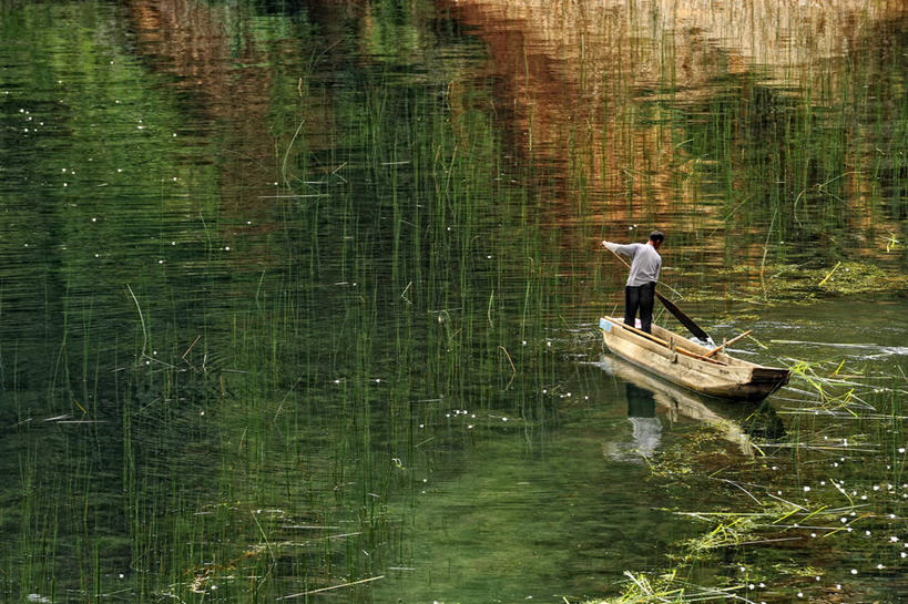 划船,划艇,成年人,一个人,横图,室外,白天,仅一个男性,反射,休闲装,草,背面,自然,运输,摄影,桨,泸沽湖,彩图,独处