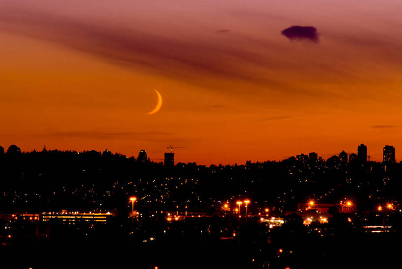 无人,横图,室外,夜晚,天际线,城市,加拿大,月亮,云,天空,自然,橙色,摄影,宁静,照亮,剪影,彩图,新威斯敏斯特