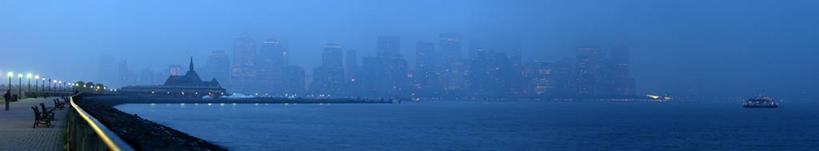 无人,横图,全景,室外,海洋,雾,城市,路灯,美国,长椅,黄昏,摄影,宁静,照亮,新泽西,泽西城,彩图