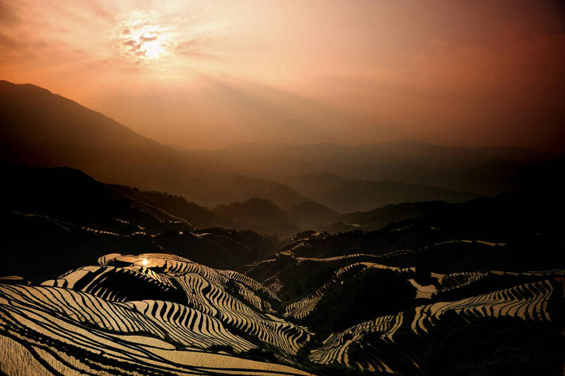 无人,横图,室外,农业,梯田,美景,日落,山,桂林,日光,稻田,景观,风景,天空,自然,景色,摄影,宁静,自然风光,彩图
