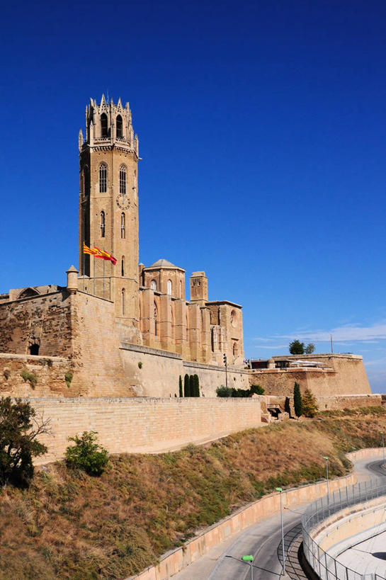 无人,竖图,室外,白天,建筑,旗帜,西班牙,历史,砖墙,草,树,天空,摄影,宗教,基督教,莱里达省,彩图,大教堂