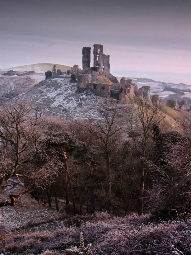 无人,竖图,室外,白天,森林,山,建筑,英国,城堡,地形,冬天,历史,树,天空,自然,摄影,多塞特郡,彩图