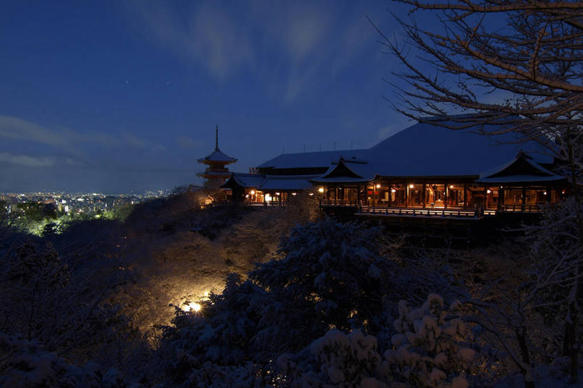 无人,横图,室外,雪,城市,日本,云,黎明,树,天空,寒冷,摄影,宗教,佛教,京都府,照亮,清水寺,京都市,彩图