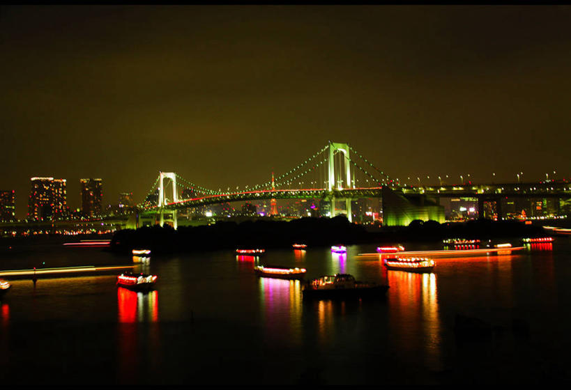无人,横图,室外,夜晚,度假,湖,美景,城市风光,城市,建筑,船,东京,日本,日本文化,反射,景观,桥,首都,联系,娱乐,天空,享受,休闲,景色,放松,运输,摄影,吊桥,照亮,彩图,东京彩虹桥