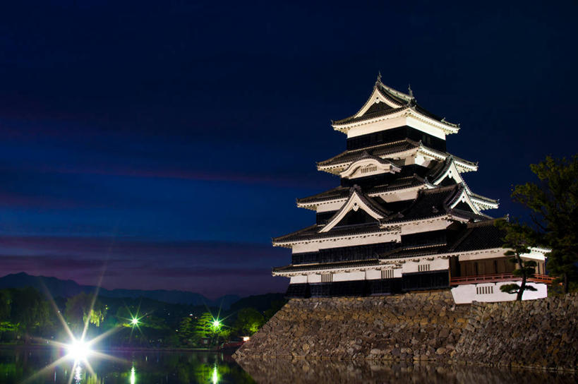 无人,横图,室外,夜晚,镜头眩光,建筑,日本,日本文化,城堡,历史,天空,摄影,照亮,护城河,松本城,彩图