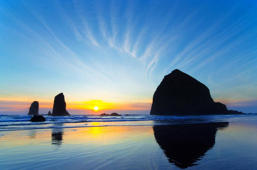 无人,横图,室外,海洋,美景,日落,日光,美国,反射,景观,蓝色,风景,天空,自然,景色,摄影,宁静,岩层,自然风光,剪影,俄勒冈州,卷云,岩石,彩图