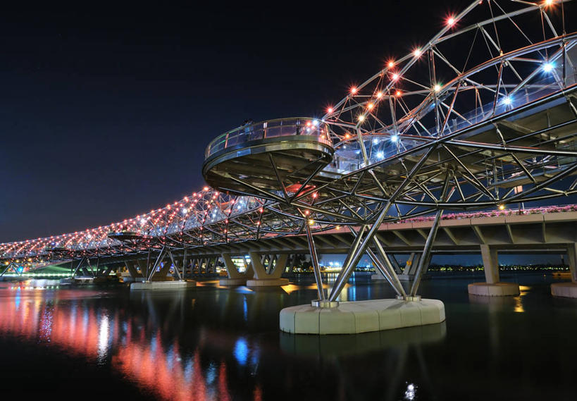 无人,横图,室外,夜晚,河流,建筑,新加坡,反射,钢铁,桥,首都,联系,摄影,人行桥,照亮,新加坡市,彩图,滨海湾金沙酒店