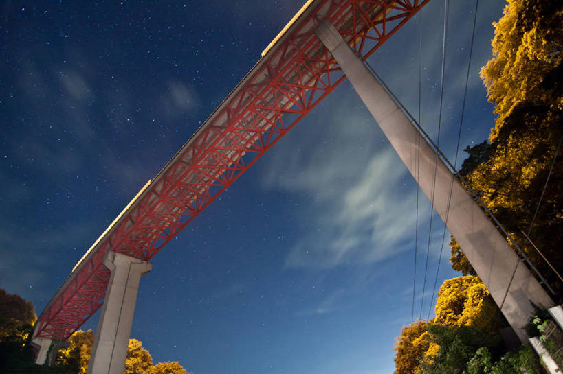 无人,横图,室外,夜晚,仰视,植物,建筑,日本,柱子,星星,桥,联系,树,天空,摄影,冈山县,彩图,低角度拍摄,电力线