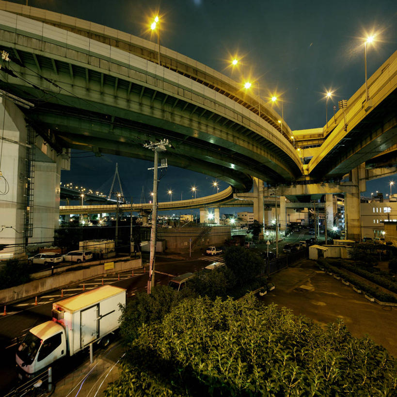 无人,方图,室外,夜晚,城市,建筑,路灯,汽车,日本,圆形,桥,路口,交通,联系,车,交通工具,运输,摄影,照亮,照明设备,载具,大阪府,彩图
