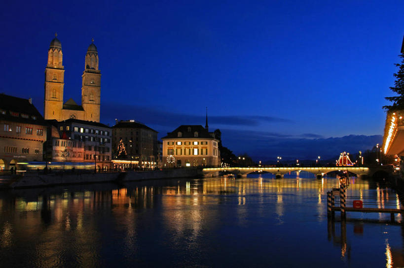 无人,横图,室外,夜晚,河流,城市,建筑,瑞士,反射,现代,摄影,宁静,照亮,万里无云,苏黎士,彩图