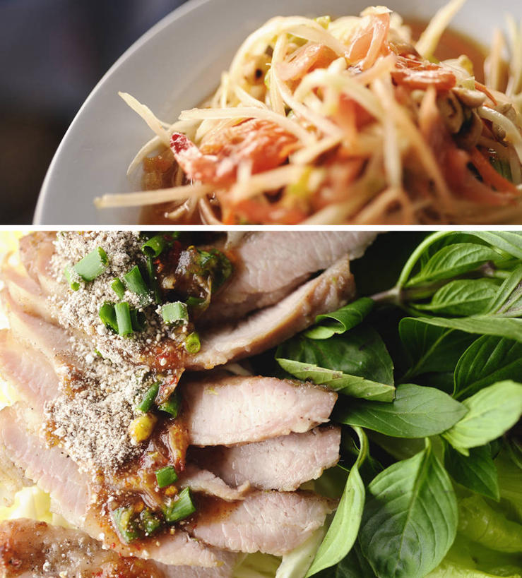 无人,竖图,俯视,室内,特写,木瓜,曼谷,泰国,沙拉,首都,猪肉,饮食,盘子,诱惑,摄影,清新,泰国食品,泰国文化,彩图,高角度拍摄,装饰菜,泰国罗勒