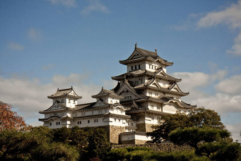 无人,横图,室外,白天,建筑,日本,日本文化,云,历史,树,天空,地标建筑,摄影,树梢,姬路城,姬路,彩图