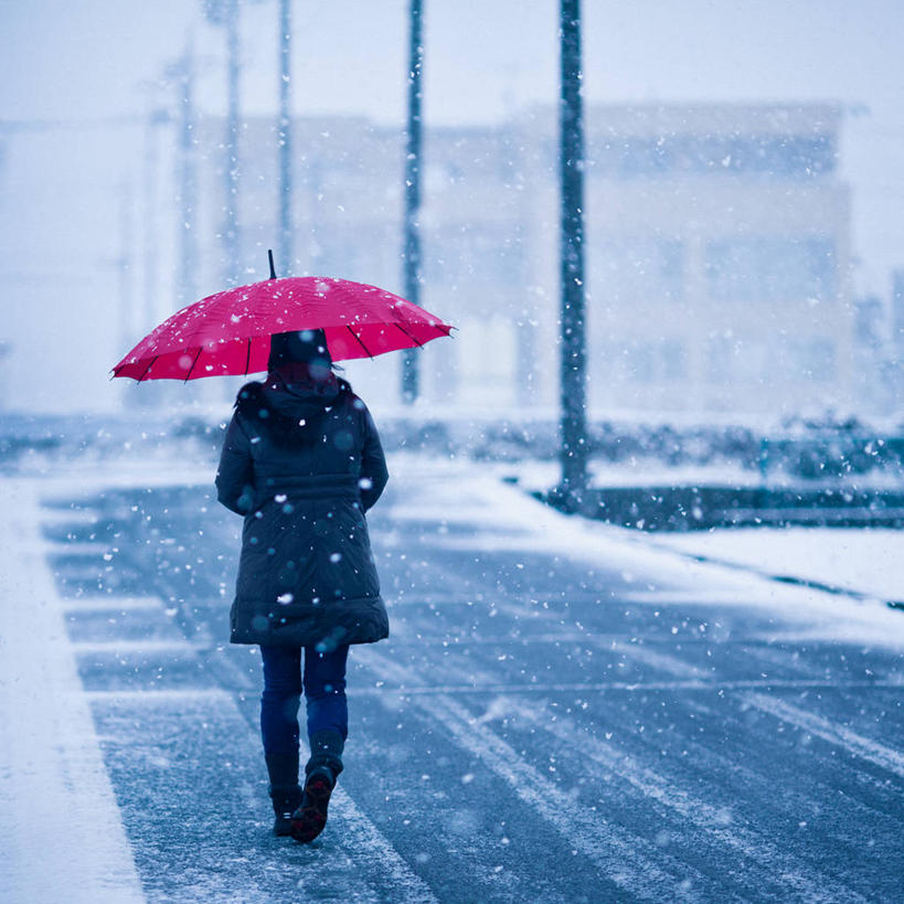 成年人,一个人,方图,室外,白天,雪,街道,日本,仅一个女性,伞,下雪,天气,拿着,背面,红色,寒冷,摄影,保护,群马县,步行,彩图,独处