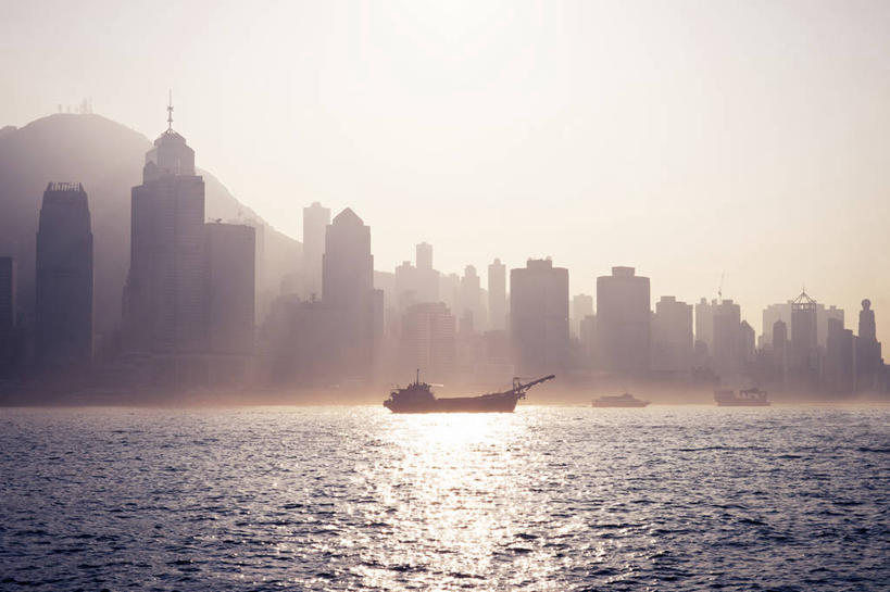 无人,横图,室外,山,天际线,城市,建筑,摩天大楼,船,香港,日光,现代,维多利亚港,天空,黄昏,地标建筑,摄影,中国文化,死水,彩图